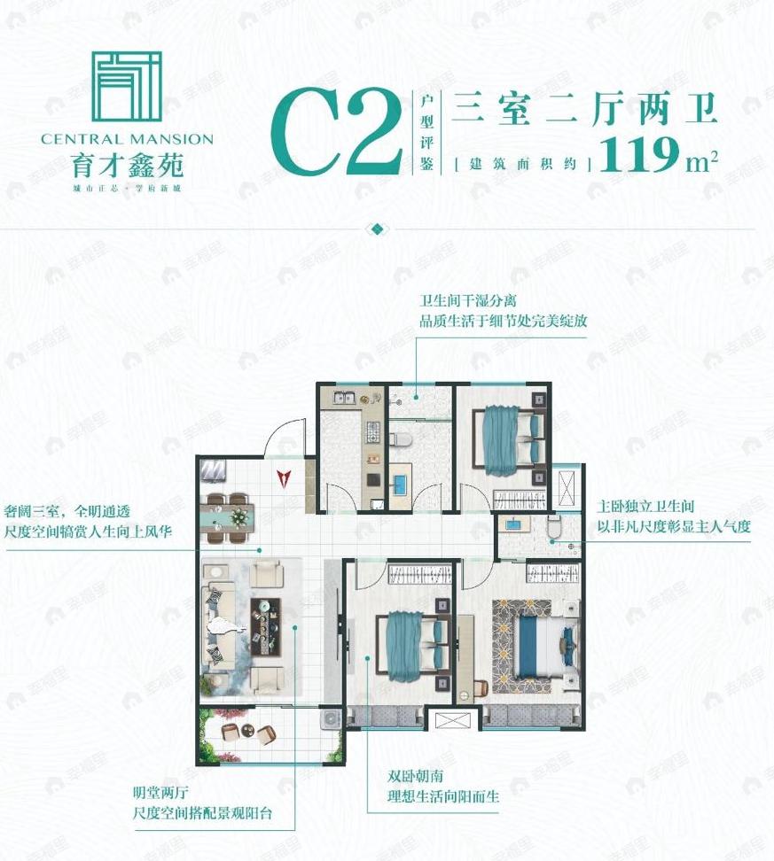 育才鑫苑3室2厅2卫户型图