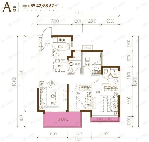 3室2厅2卫建面89平南户型图