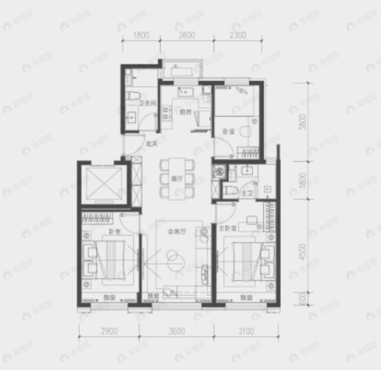3室2厅2卫建面112平南|北户型图