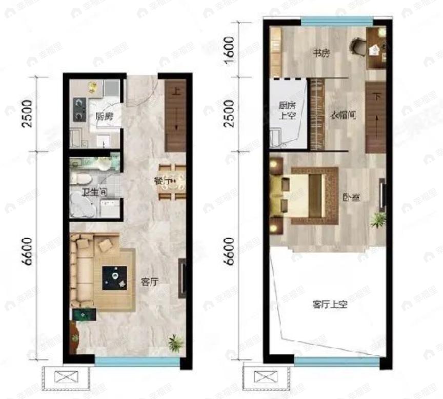 2室2厅1卫建面57m²南|北户型图