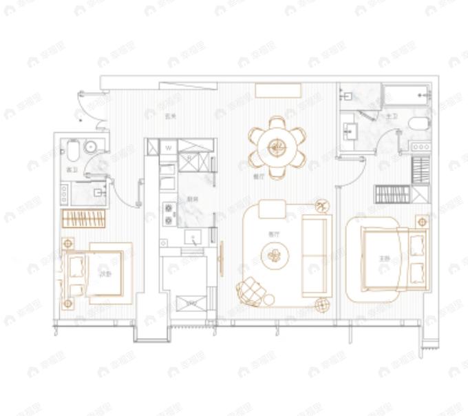 2室2厅2卫建面136平南户型图