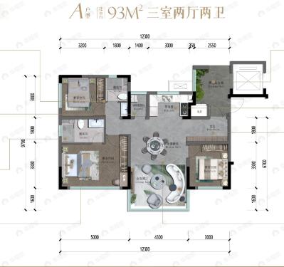 3室2厅2卫建面93平户型图