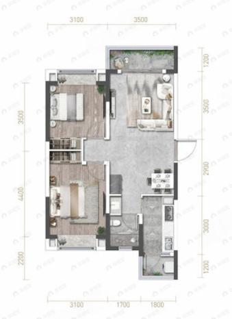 2室2厅1卫建面76平户型图