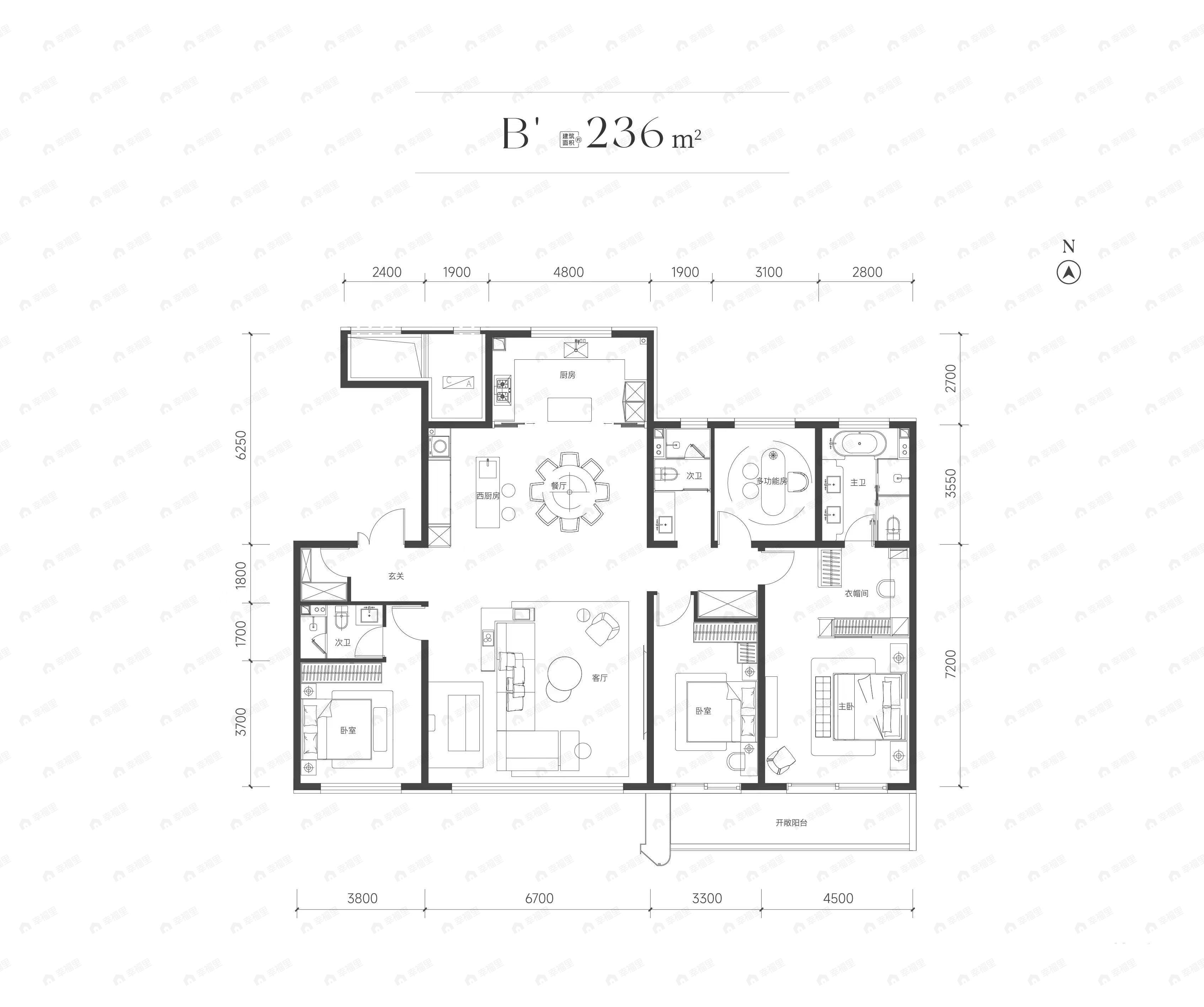 4室2厅3卫建面236m²南户型图