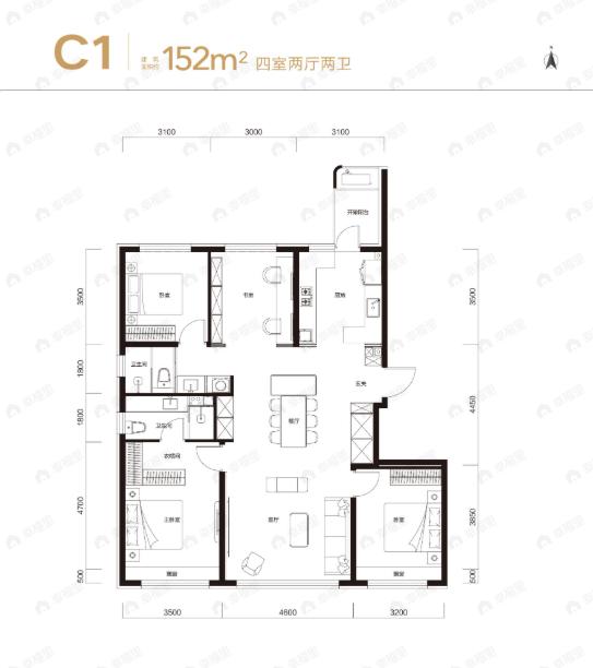 4室2厅2卫建面152平南|北户型图