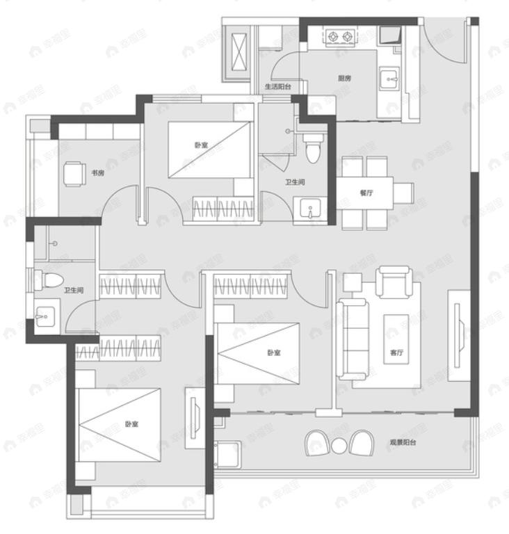 中海二七滨江项目4室2厅2卫户型图