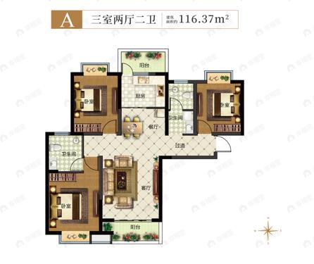 3室2厅2卫建面116平户型图