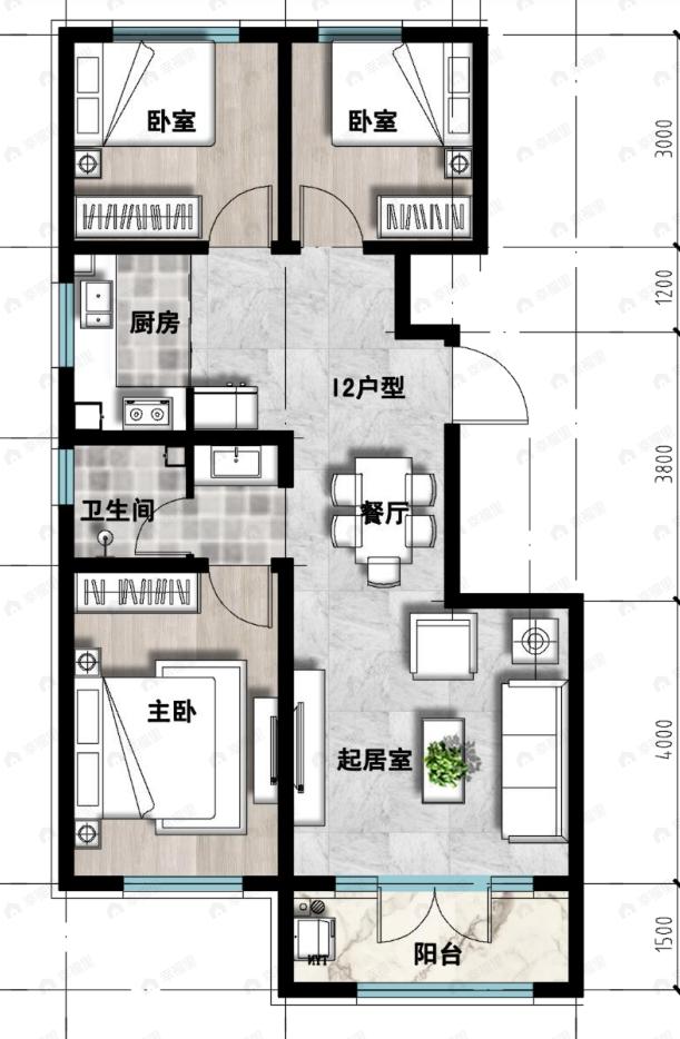 成龙学府·悦城3室2厅1卫户型图