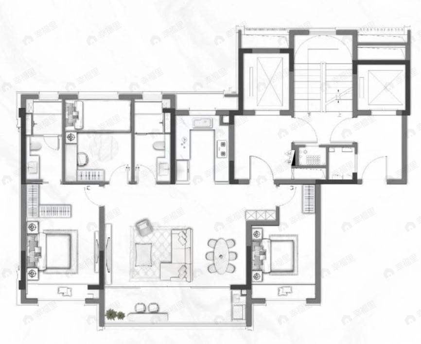 3室2厅2卫建面119m²南户型图