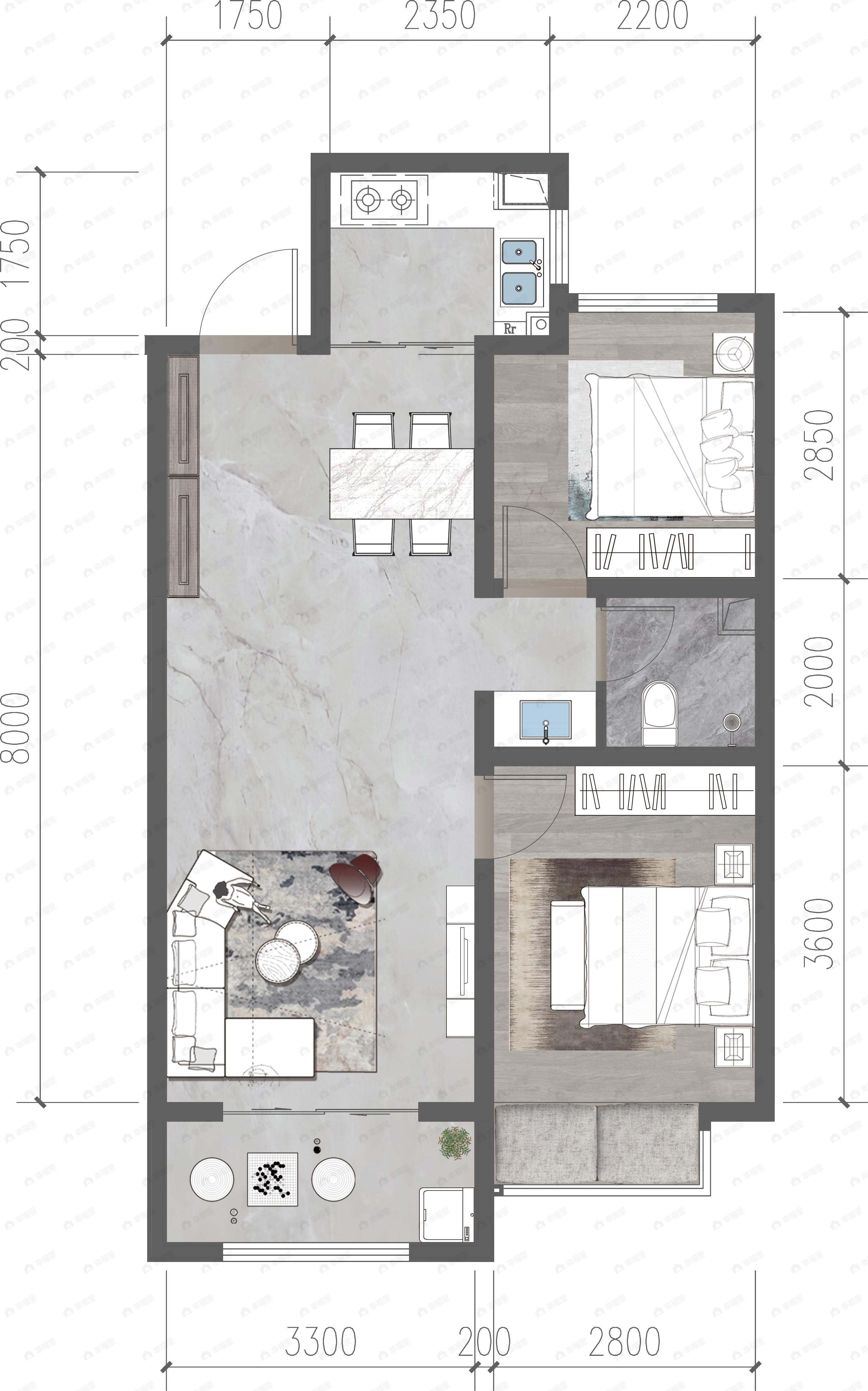 2室2厅1卫建面89平户型图
