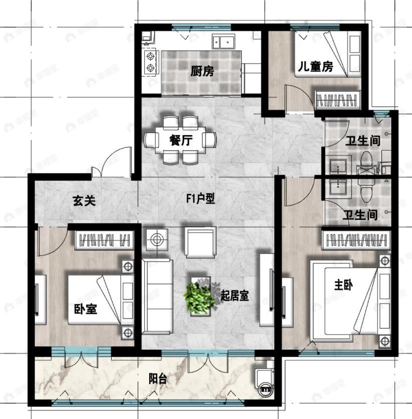 成龙学府·悦城3室2厅2卫户型图