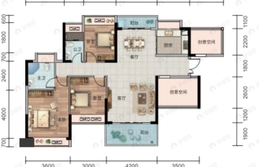3室2厅2卫建面121m²南户型图