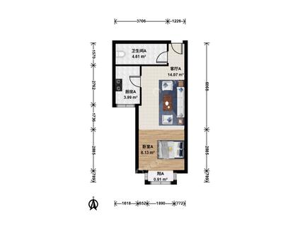 北京当代城市家园1室1厅46.03平中楼层/共12层
