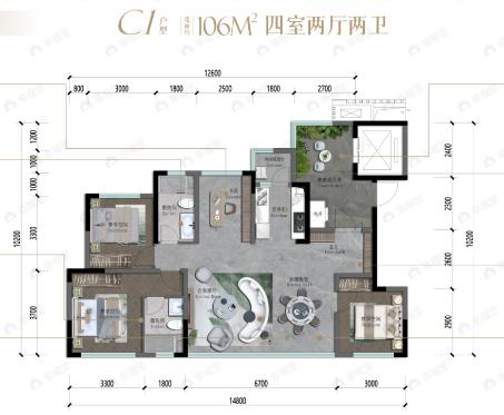 正黄尧顺·锦绣潮鸣4室2厅2卫户型图