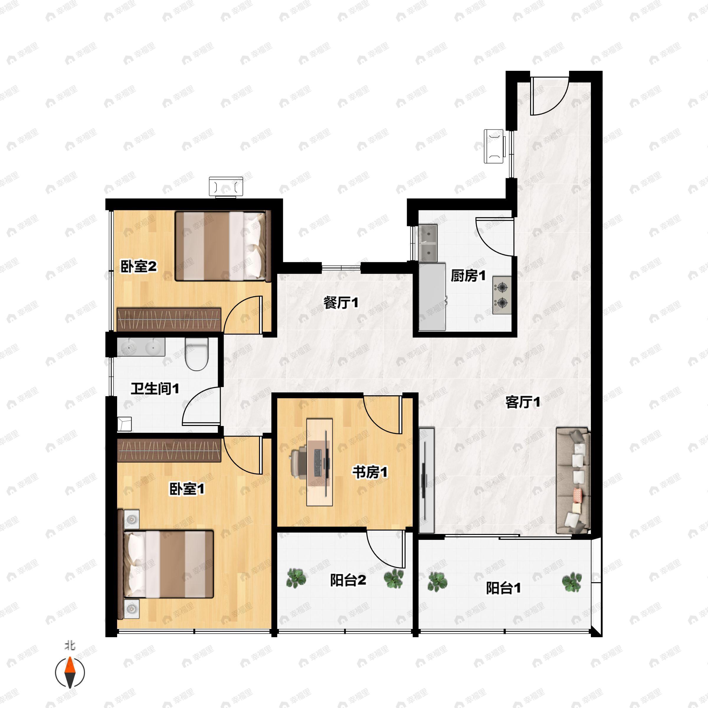 3室2厅1卫建面94m²西|南户型图