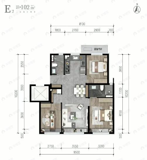 3室2厅2卫建面102平undefined户型图
