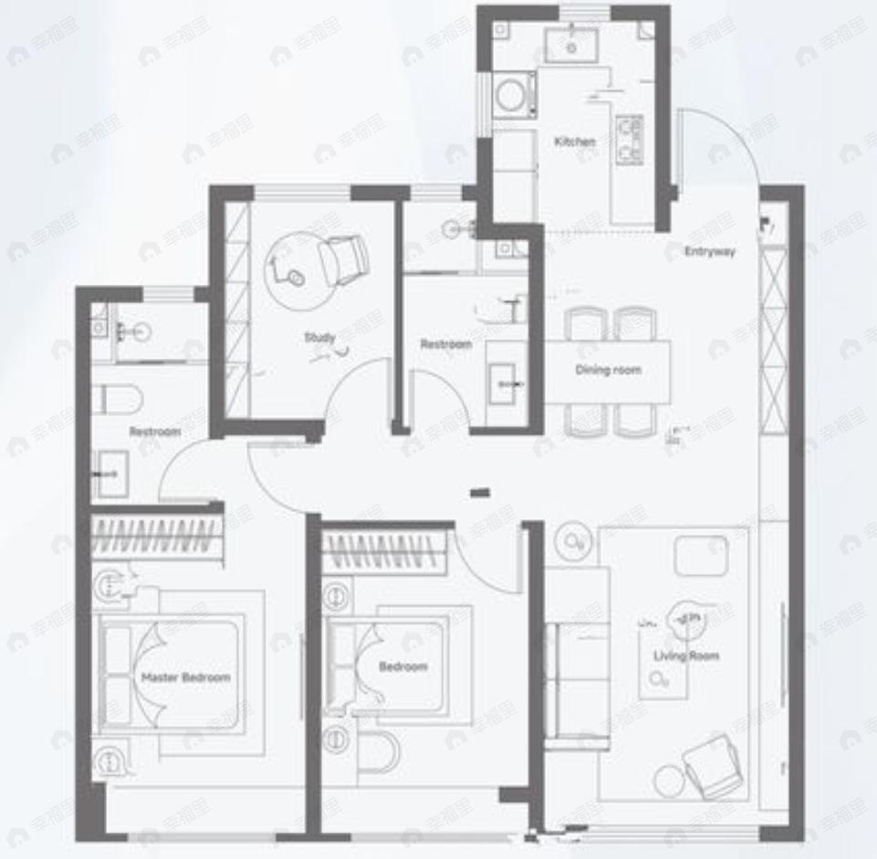 3室2厅2卫建面103平户型图
