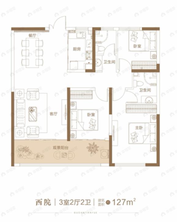 3室2厅2卫建面127平户型图