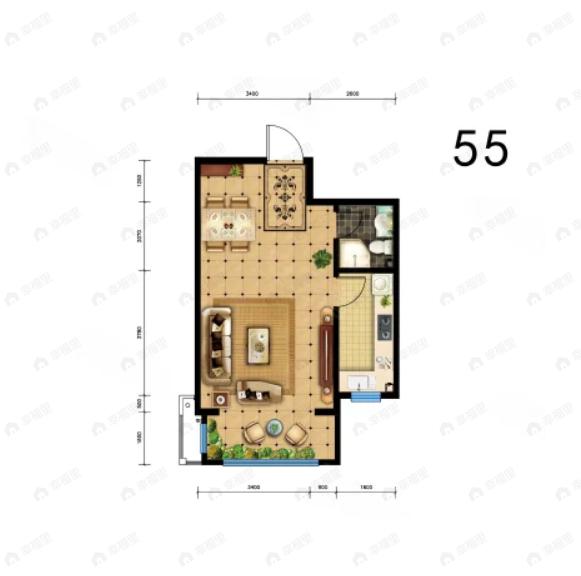 1室1厅1卫建面55平南|北户型图