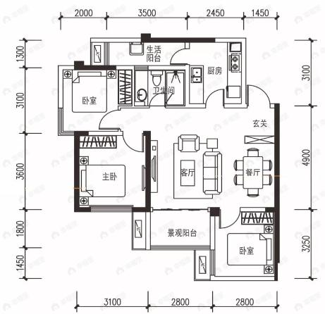 滨江和城3室2厅1卫户型图