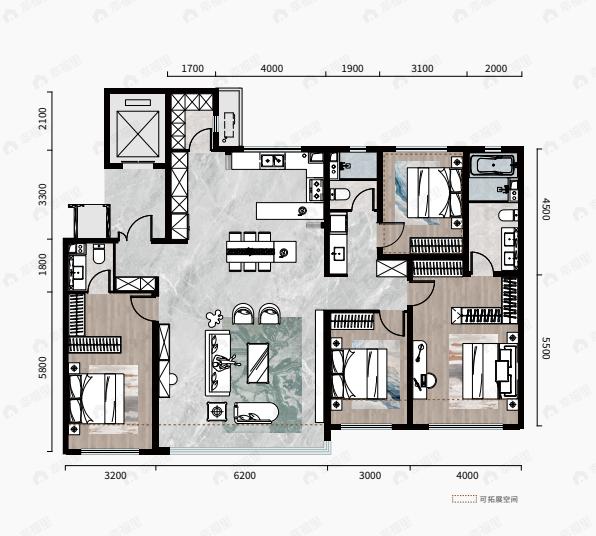 4室2厅3卫建面169平户型图