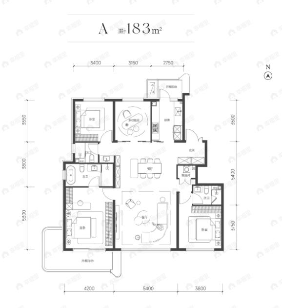4室2厅3卫建面183m²南户型图