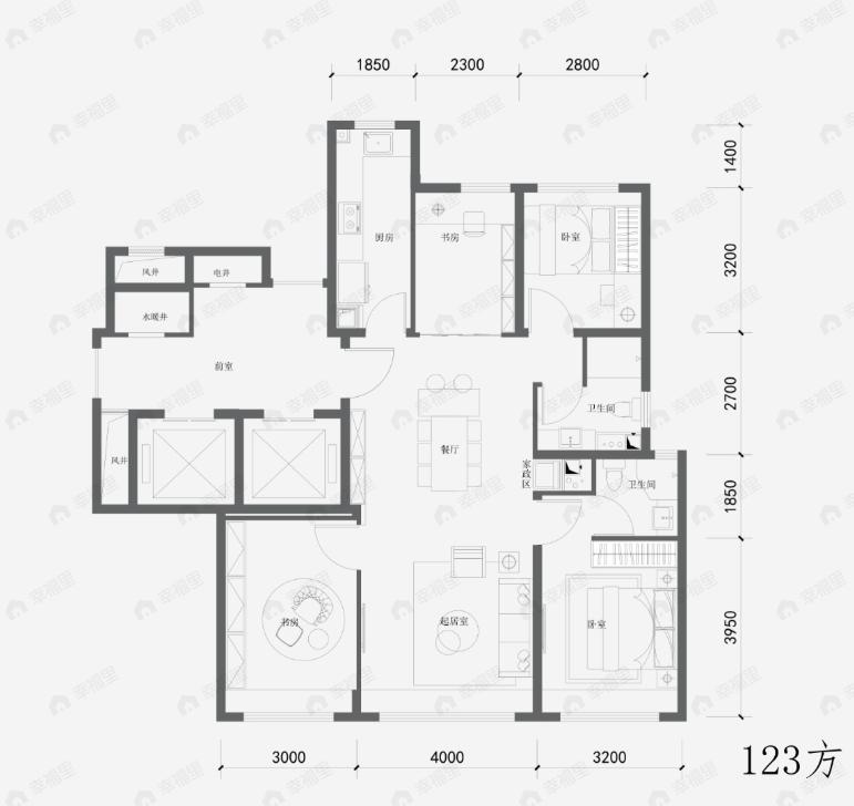 4室2厅2卫建面123平南|北户型图