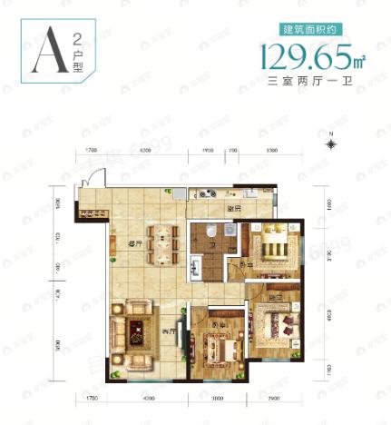 3室2厅1卫建面129m²户型图