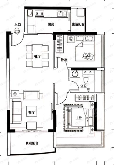 2室2厅1卫建面84平户型图