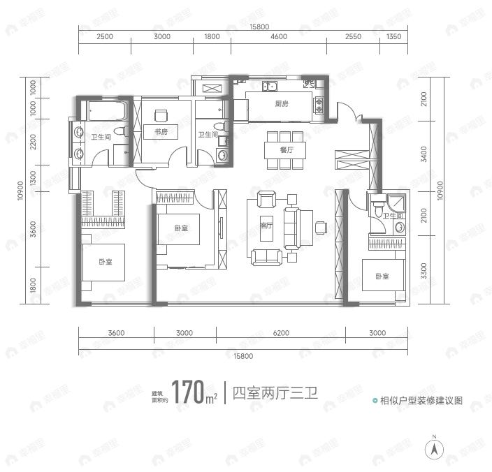 4室2厅3卫建面170平户型图