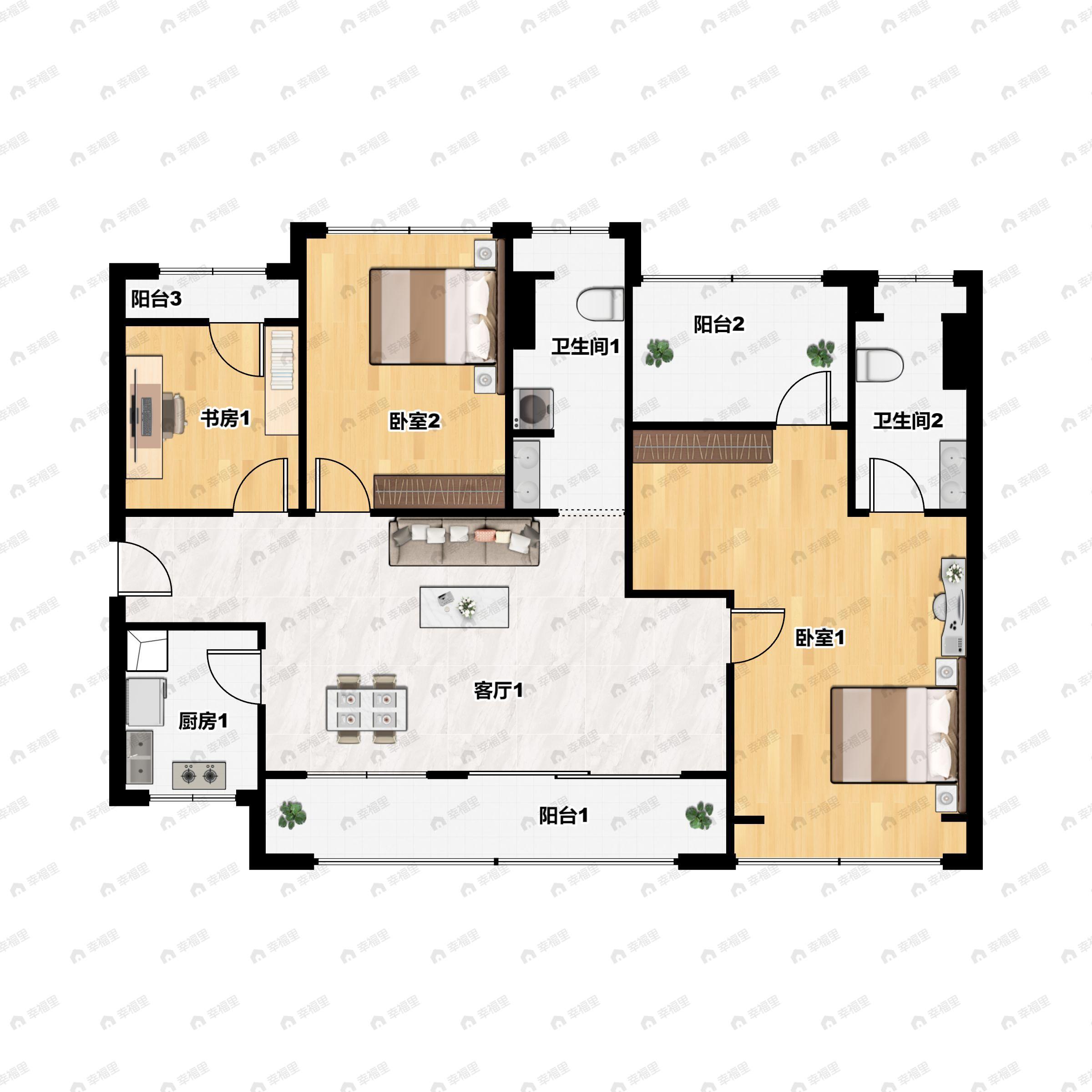 3室2厅2卫建面115m²南|北户型图