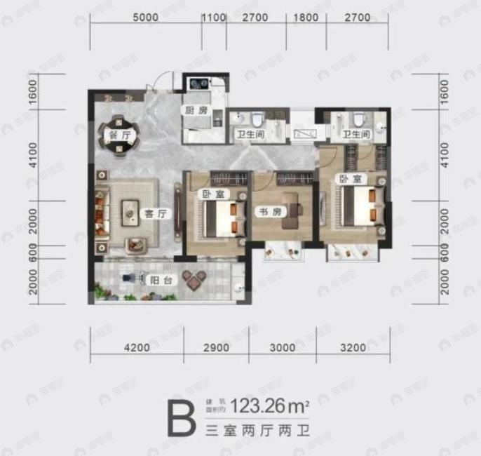 3室2厅2卫建面123m²南户型图