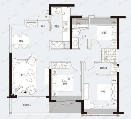 绿城武汉黄浦湾3室2厅1卫户型图