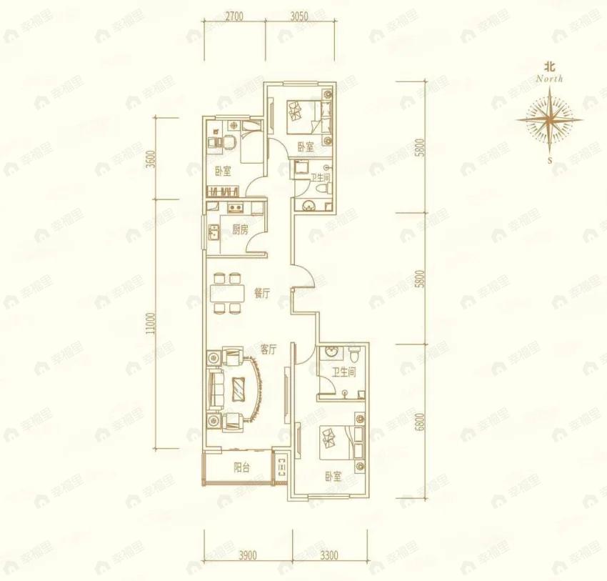 城市花园-园中园3室2厅2卫户型图