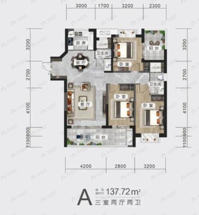 3室2厅2卫建面137m²南户型图