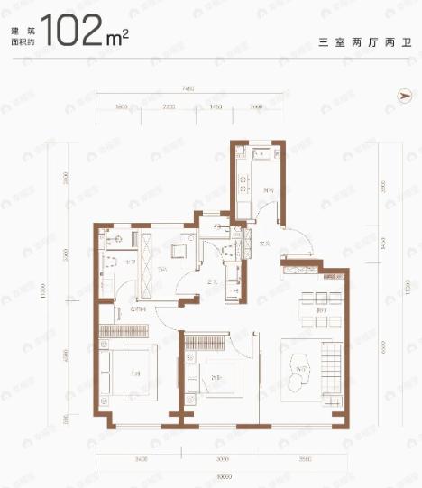 3室2厅2卫建面102平户型图
