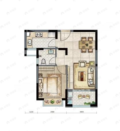 1室1厅1卫建面55m²北|南户型图