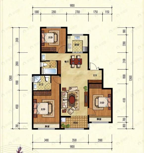 3室2厅2卫建面110平户型图