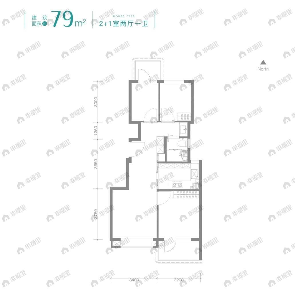 3室2厅1卫建面79m²户型图