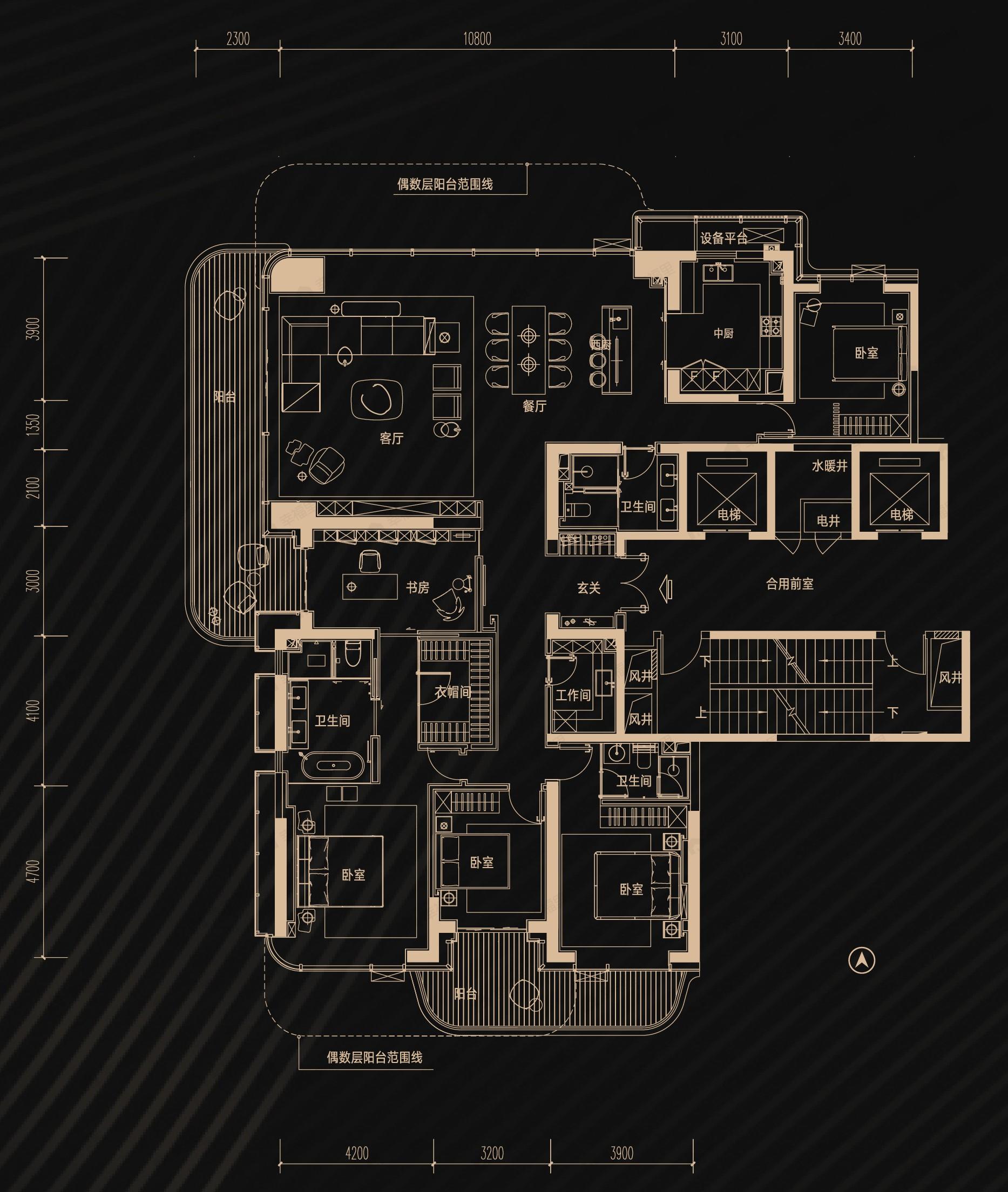 5室2厅3卫建面285平北|西|南户型图