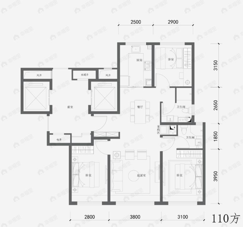 3室2厅2卫建面110平户型图