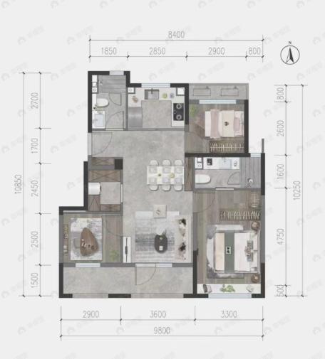 3室2厅2卫建面100平户型图