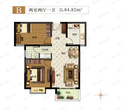2室2厅2卫建面84平户型图