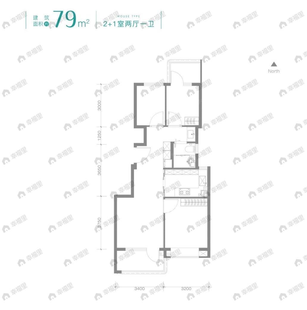 3室2厅1卫建面79m²南|北户型图