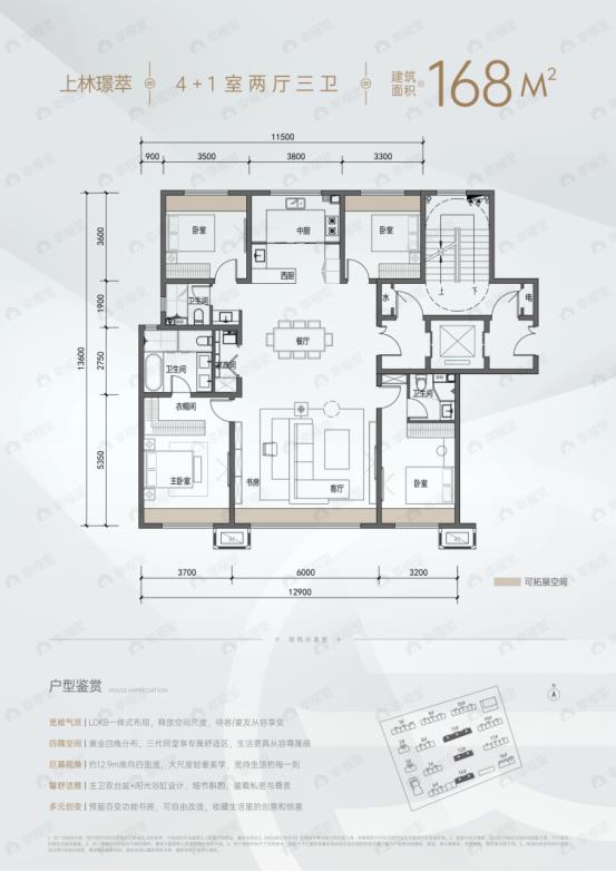 5室2厅3卫建面168平户型图
