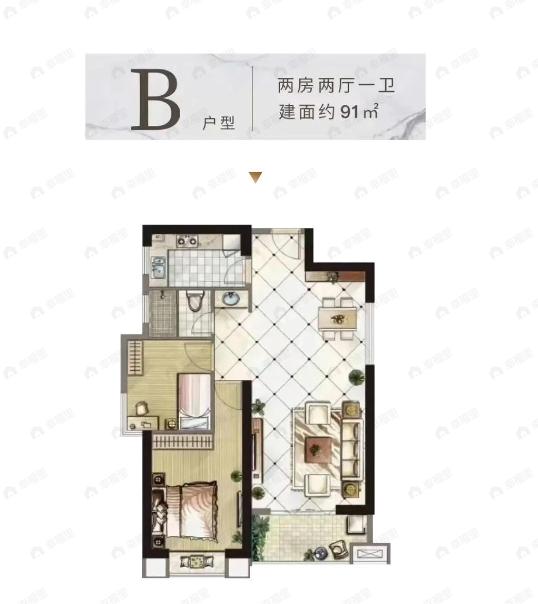 2室1厅1卫建面91平户型图