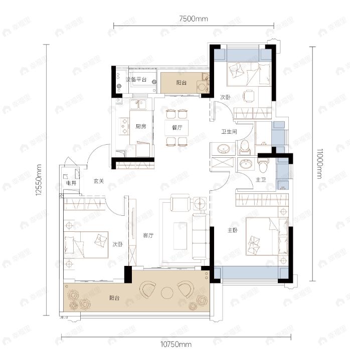 3室2厅2卫建面109平undefined户型图