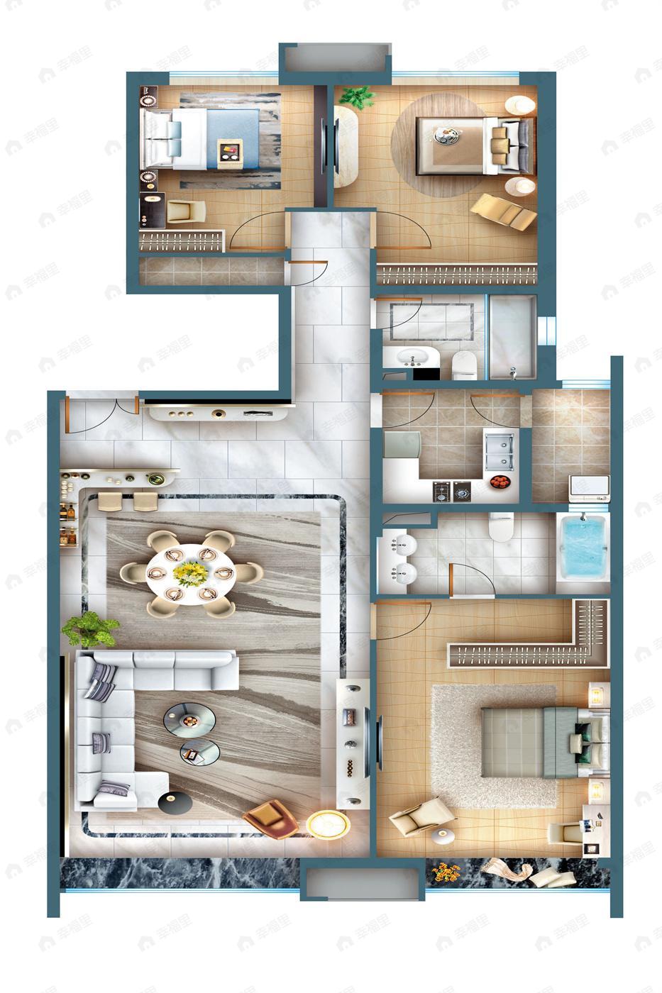3室2厅2卫建面185平北|南户型图