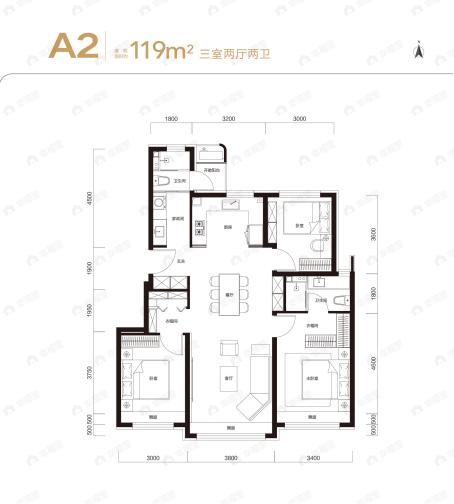 3室2厅2卫建面119m²北|南户型图