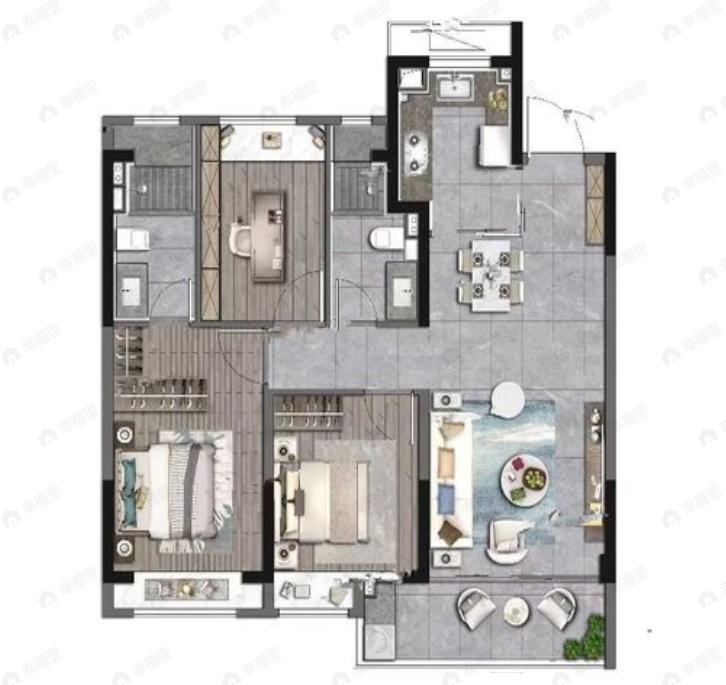 3室2厅2卫建面100平南户型图